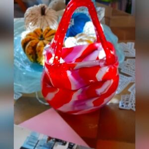 Murano Style Hand Blown Vase with Red and White swirl design